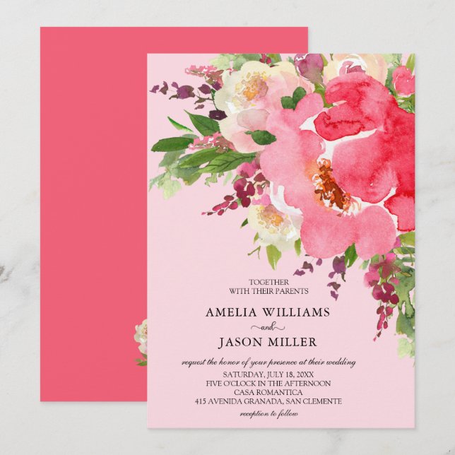 Aquarelle rose Floral Invitations de mariage (Devant / Derrière)