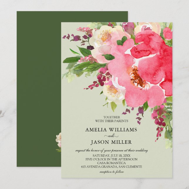 Aquarelle rose Floral Invitations de mariage (Devant / Derrière)