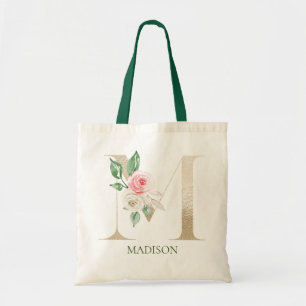 Aquarelle rose Floral M Monogramme Sac fourre-tout