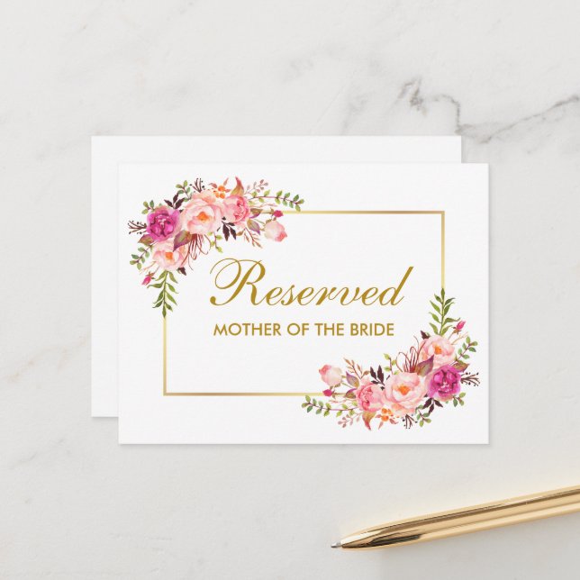 Aquarelle rose Floral Mariage Grande carte réservé (Devant/Arrière en situation)