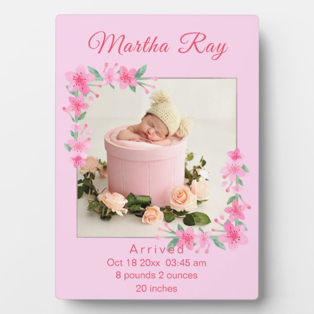 Aquarelle rose Floral Nouveau bébé fille Plaque ph (Devant)