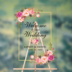 Aquarelle rose Floral or Mariage Bienvenue
