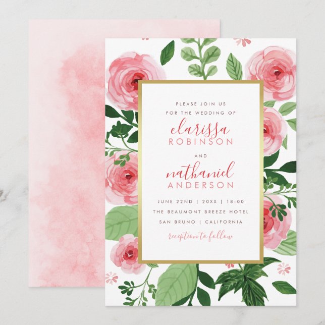 Aquarelle rose Floral Roses Faire-part de mariage (Devant / Derrière)