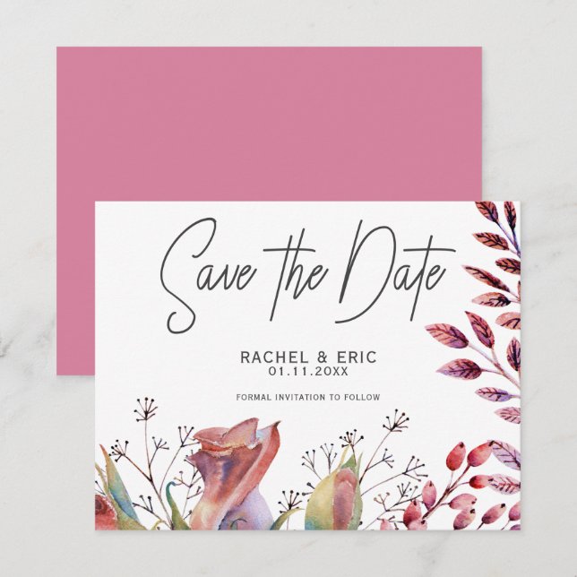Aquarelle rose florale Enregistrer la carte de dat (Devant / Derrière)