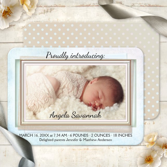 Aquarelle Rose Gold Baby Photo Faire-part (Baby photo announcement featuring your custom photo framed by a retro watercolor painted design)