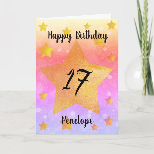 Aquarelle Rose Gold Stars Carte 17e anniversaire (Devant)
