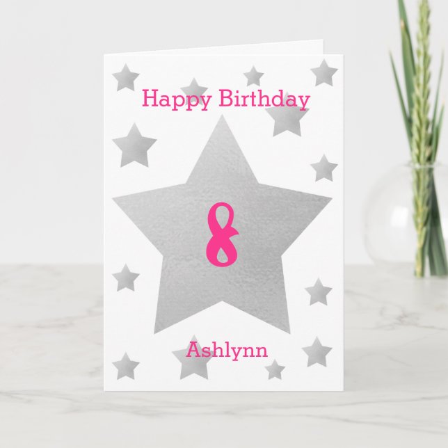 Aquarelle rose Gris Étoiles 8e carte d'anniversair (Devant)