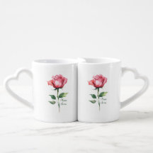 Aquarelle Rose Handle Coeur Love Couple Mug Set