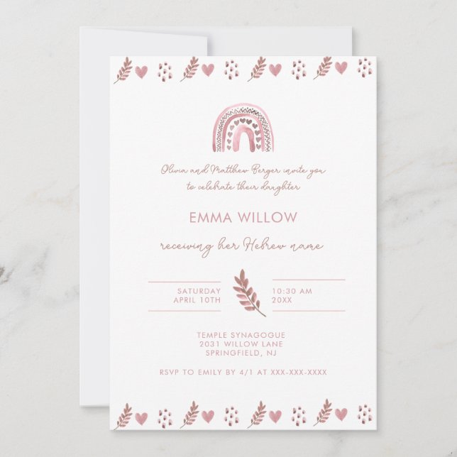 Aquarelle rose Juif Baby Naming Invitation (Devant)