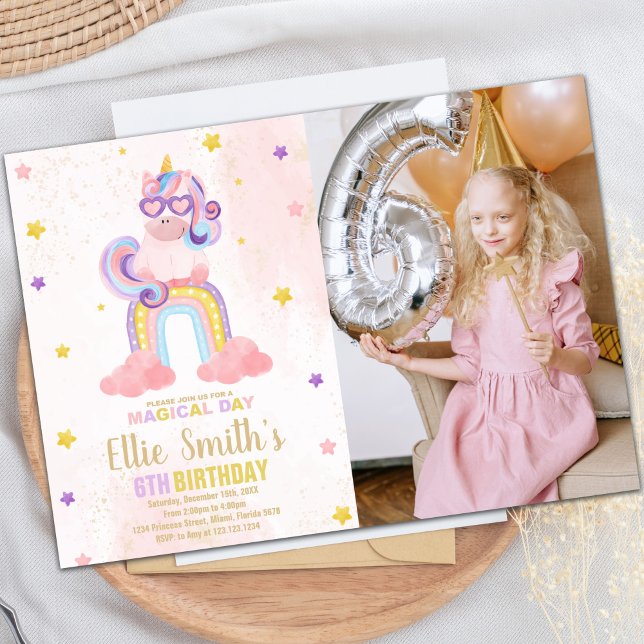 Aquarelle rose licorne Anniversaire Invitations ph (Watercolor Pink Unicorn Birthday Invitations photo)