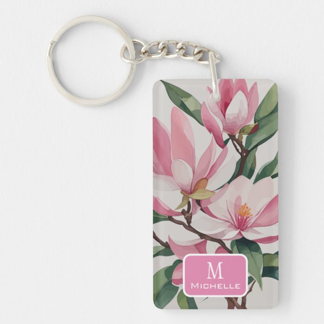 Aquarelle rose Magnolia Art moderne Monogramme (Devant)