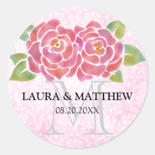 Aquarelle Rose mariage Favoriser les autocollants 
