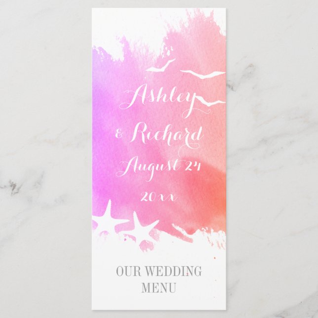 Aquarelle rose, menu mariage de plage d'étoiles de (Devant)