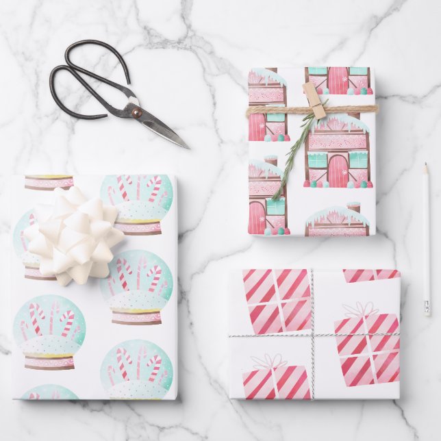 Aquarelle rose Mint Papier d'enveloppement de Noël (Recto)