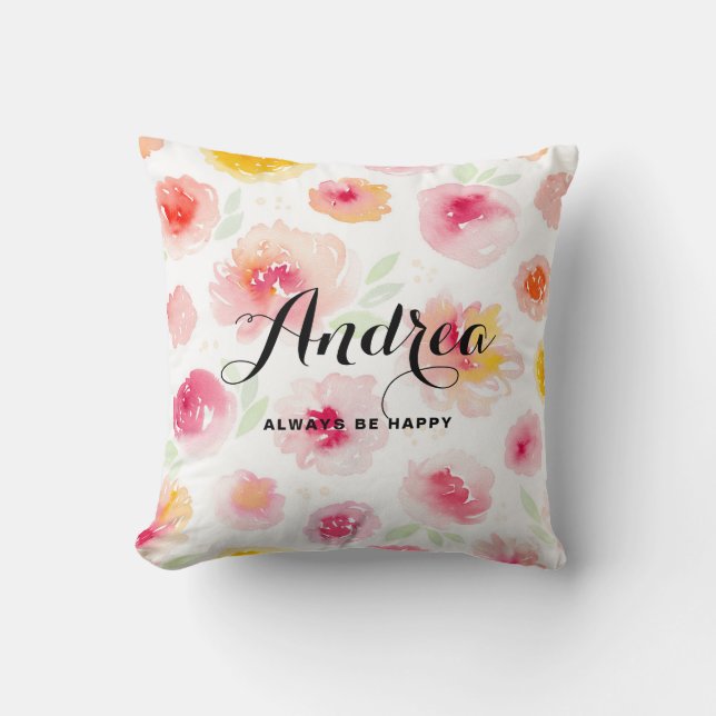 Aquarelle rose motif floral Coussin personnalisé (Recto)