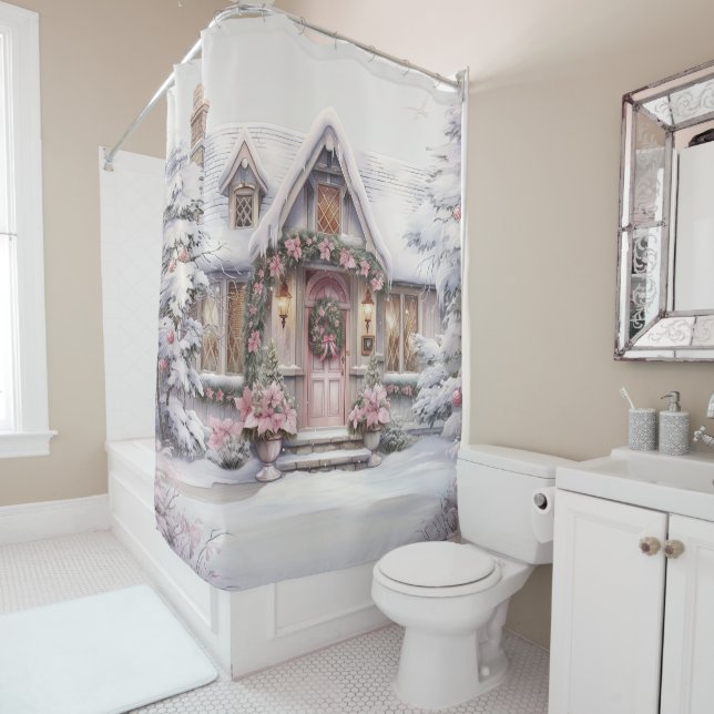 Aquarelle rose Noël Art Douche rideau (En situation)
