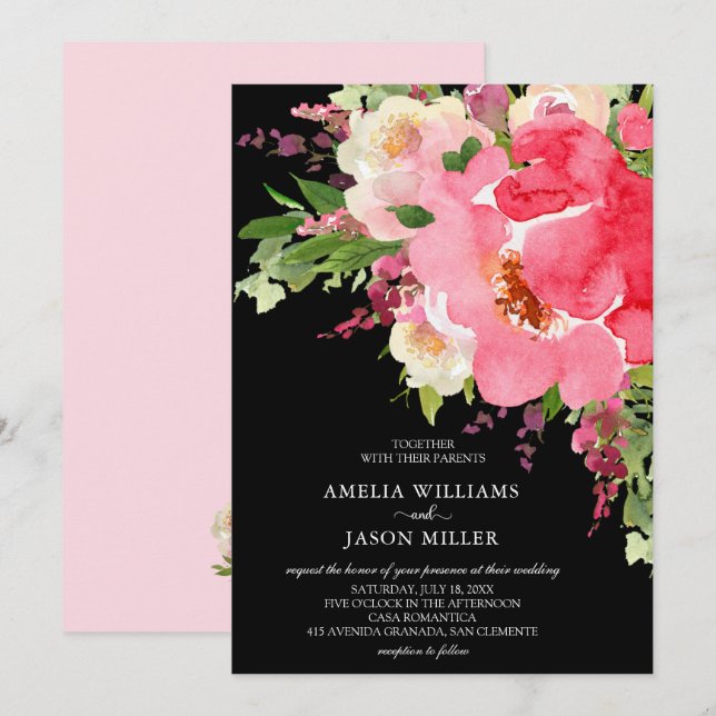 Aquarelle rose Noir Floral Invitations de mariage (Devant / Derrière)