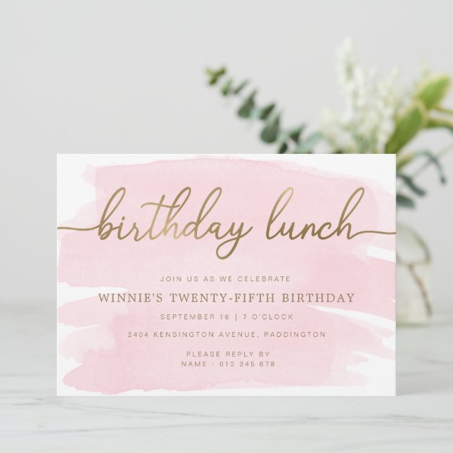 Aquarelle rose Or Anniversaire Déjeuner Invitation (Debout devant)