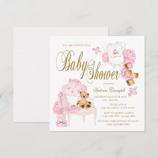Aquarelle rose or Baby Shower Invitations (Devant / Derrière)
