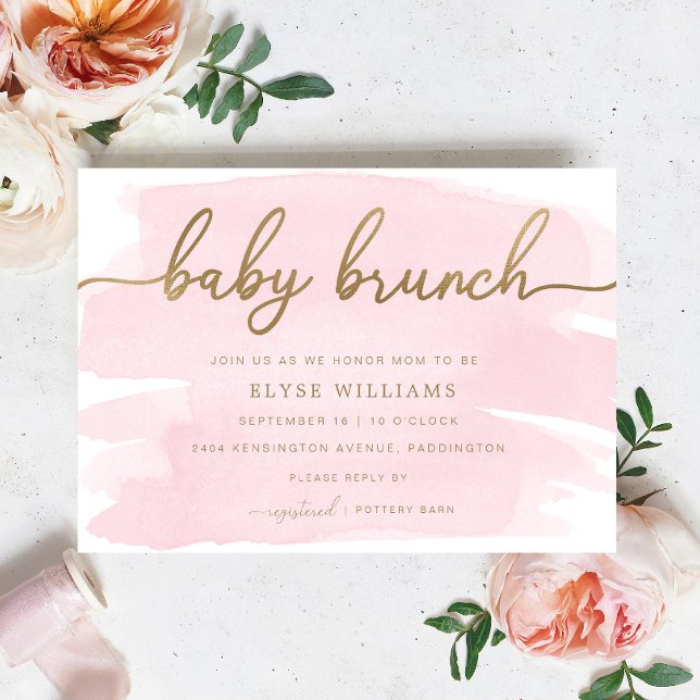 Aquarelle rose Or Bébé Brunch Invitation (Baby Shower Brunch Invitation Pink Watercolour Gold)