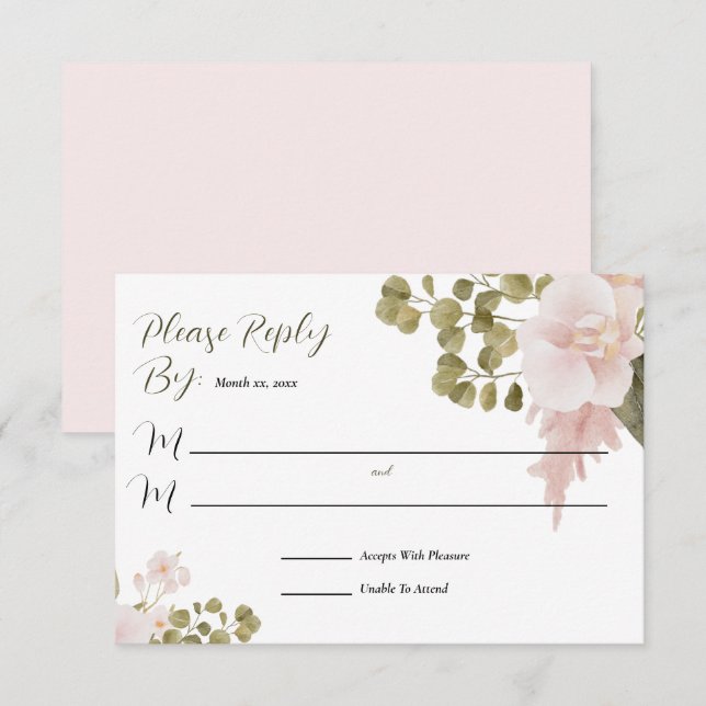Aquarelle rose pâle Elegant Floral RSVP (Devant / Derrière)