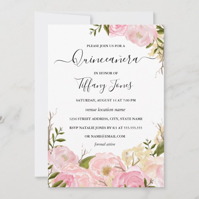 Aquarelle rose pâle Floral Quinceanera Invitation (Devant)