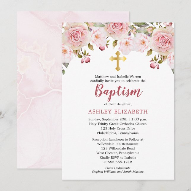 Aquarelle rose pâle Invitation Baptême florale (Devant / Derrière)