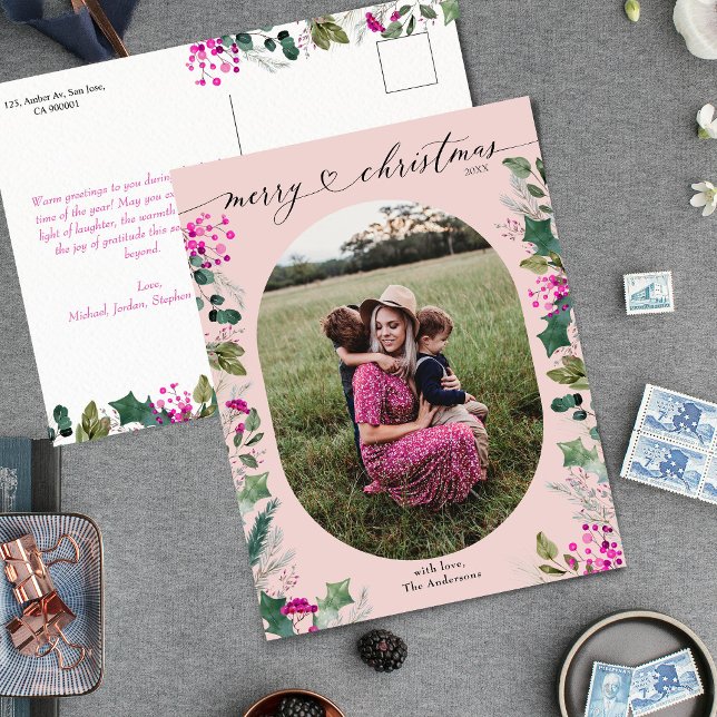 Aquarelle rose pâle Photo Carte postale Noël (Créateur téléchargé)