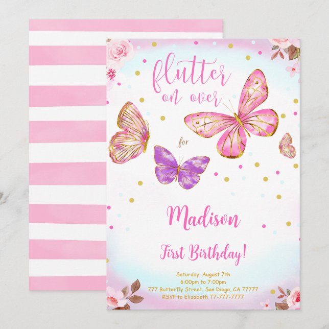 Aquarelle rose Papillon Invitation d'anniversaire (Devant / Derrière)