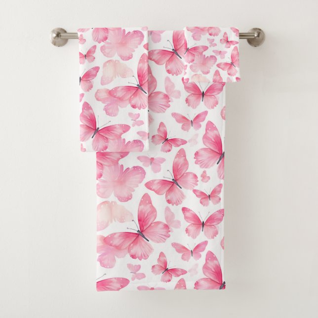 Aquarelle rose Papillons Ensemble de serviettes (En situation)