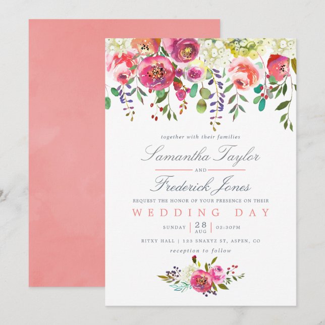 Aquarelle rose Pêche Faire-part de mariage Florale (Devant / Derrière)