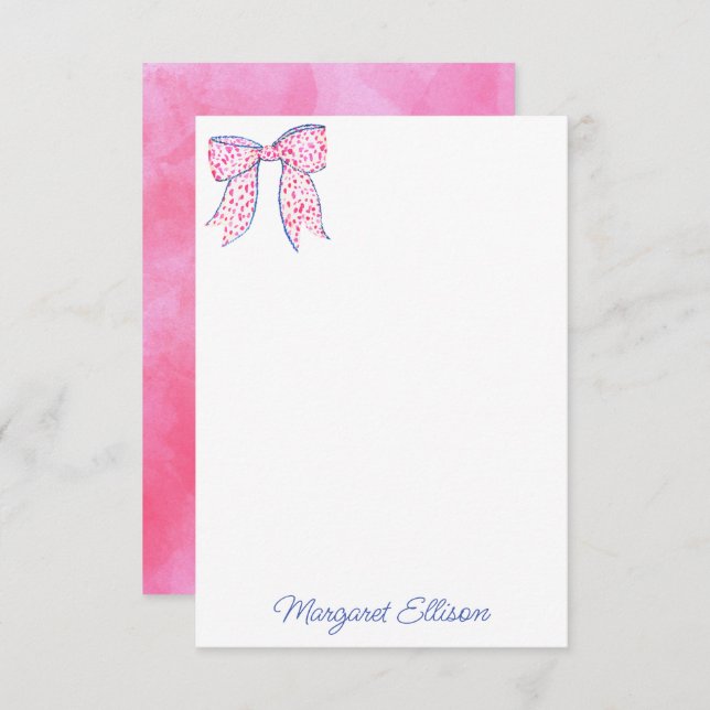 Aquarelle rose Polka Pot Bow Note Cartes (Devant / Derrière)
