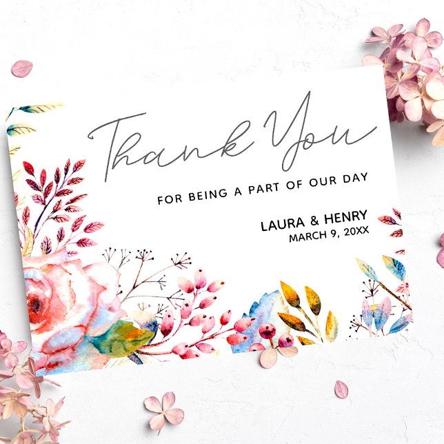 Aquarelle rose rose Carte de remerciements florale (Créateur téléchargé)