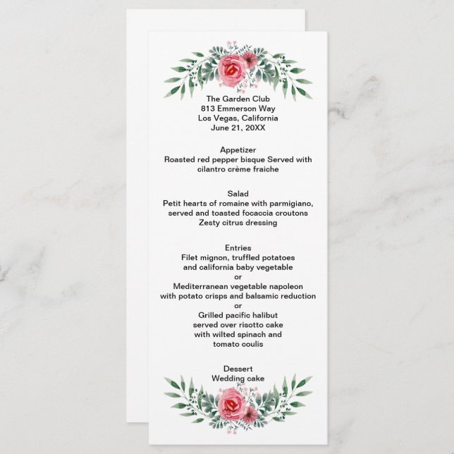 Aquarelle Rose Rose Vert Foliage Menu Mariage (Devant / Derrière)