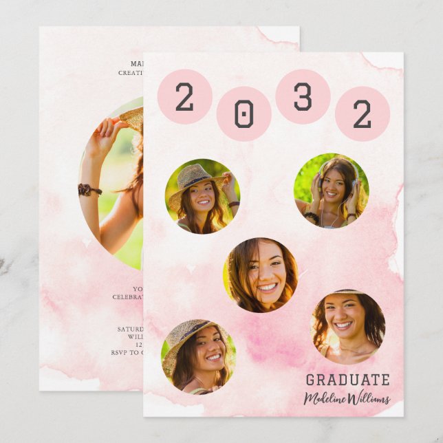 Aquarelle rose Six Photo Graduation Invitation (Devant / Derrière)