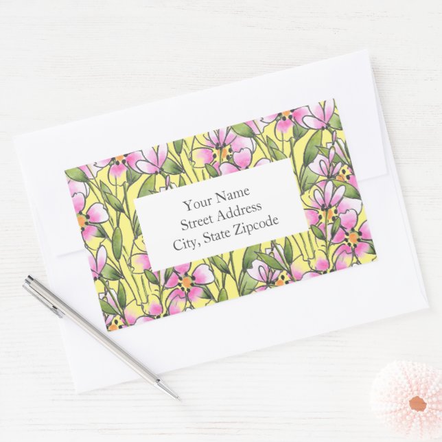Aquarelle rose Stylo Encre Flore Motif Étiquettes (Enveloppe)