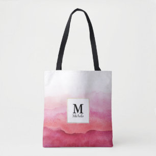 Aquarelle rose Vagues Sac fourre-tout Monogramme