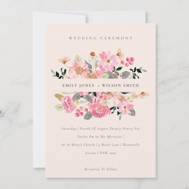 Aquarelle rose vif Blush Invitation Mariage floral (Devant)