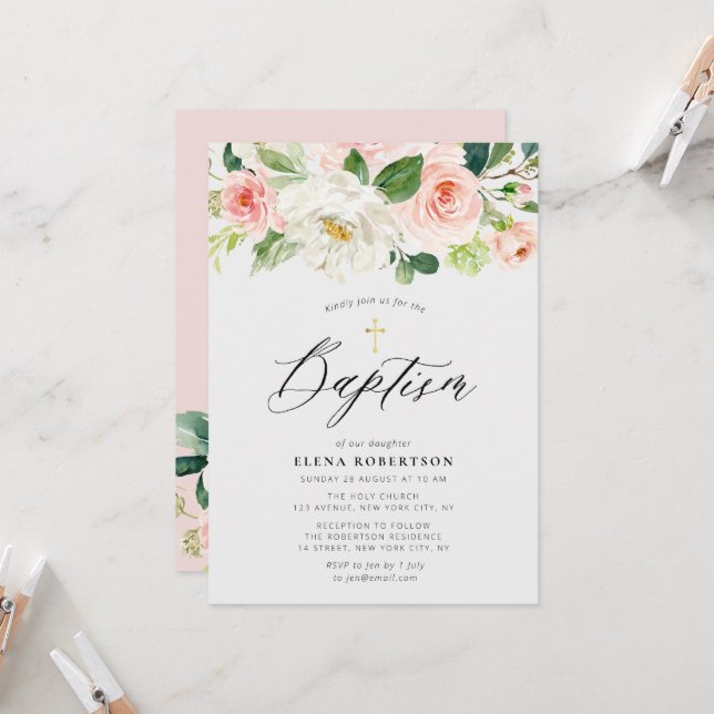 aquarelle rose vif invitation au baptême floral (Devant/Arrière en situation)
