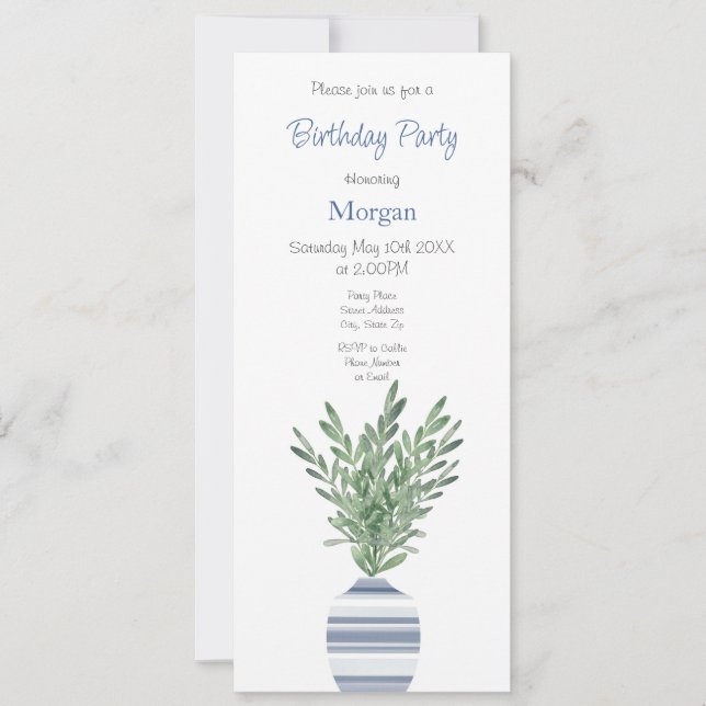 Aquarelle Rosemary & Bleu Stried Vase Invitation (Devant)