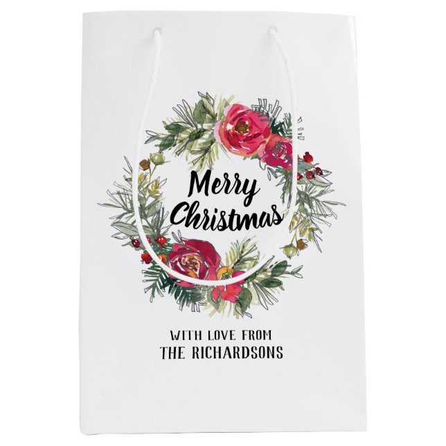 Aquarelle roses de Noël sac cadeau de couronne bla (Devant)