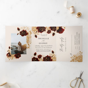 Aquarelle Roses or Faire-part de mariage triplé