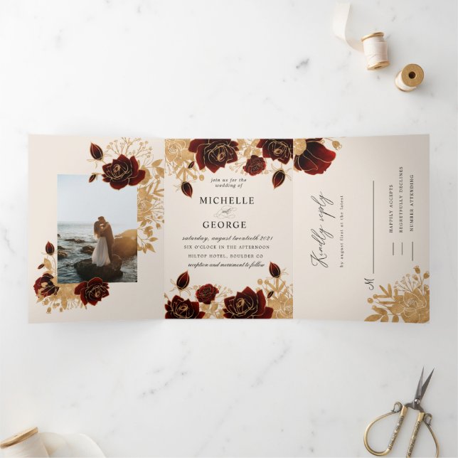 Aquarelle Roses or Faire-part de mariage triplé (Intérieur)