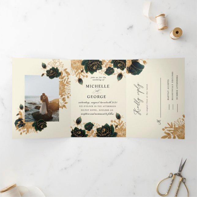 Aquarelle Roses or Faire-part de mariage triplé (Intérieur)