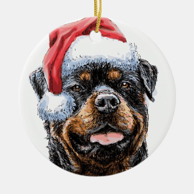 Aquarelle Rottweiler Père Noël ornement en céramiq (Devant)