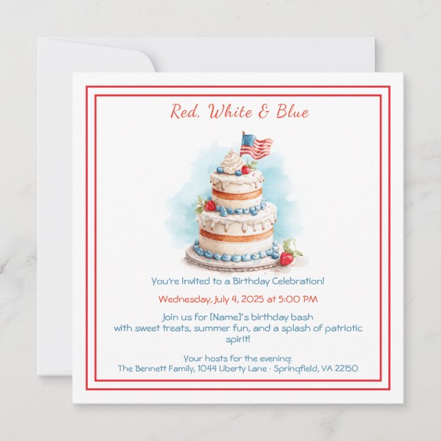 Aquarelle rouge blanc et bleu Invitation d'anniver (Devant)