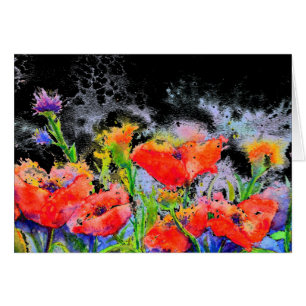 Aquarelle rouge jardin fleuri - Champs de pavot