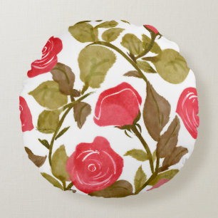 Aquarelle Rouge Rose Bouquet Coussin rond