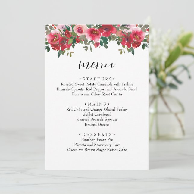 Aquarelle Rouge Rose Floral Mariage Menu (Debout devant)