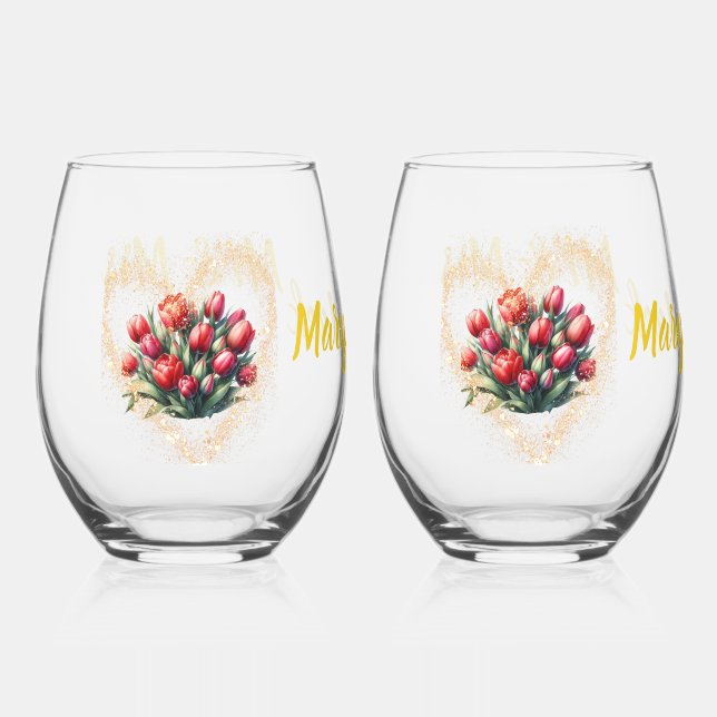 Aquarelle rouge tulipe verre à vin mariage M & Mme (Recto)